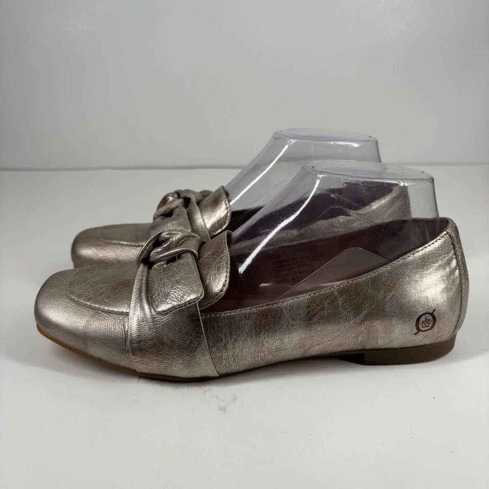 Born Carrine Women's US 7.5M Pewter Metallic Leather Bow Comfort Slip-On Loafers